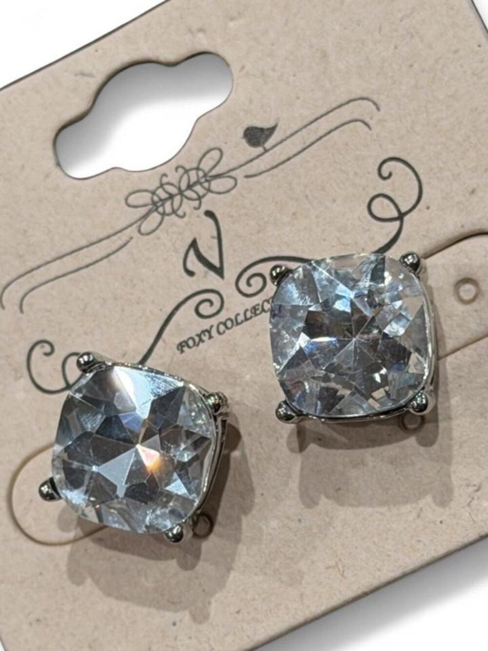 Silver Square Crystal Stud Earrings New on Card
